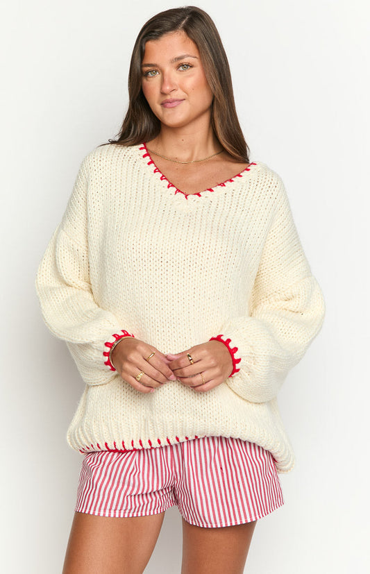 Delvey Cream And Red Contrast Stitch Chunky Knit Sweater