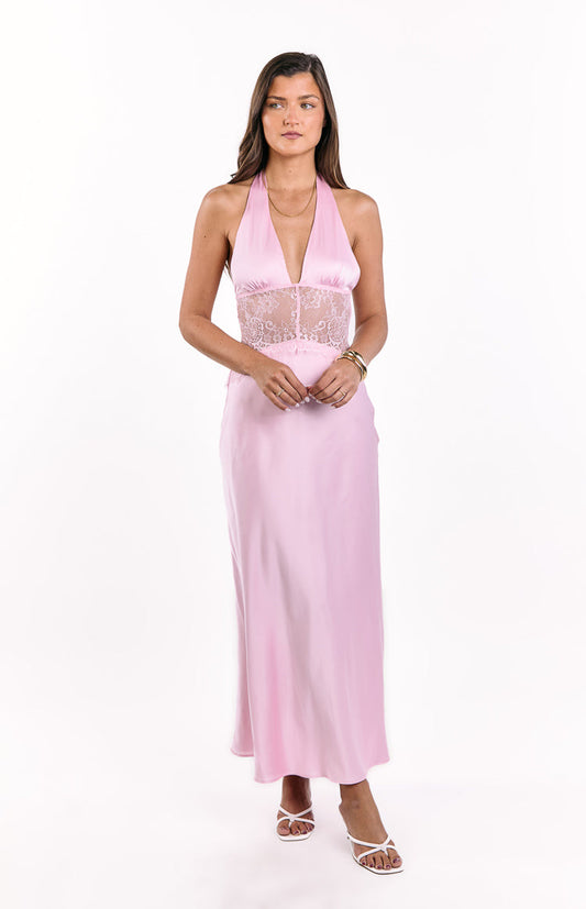 Divandi Pink Lace Halter Neck Formal Maxi Dress
