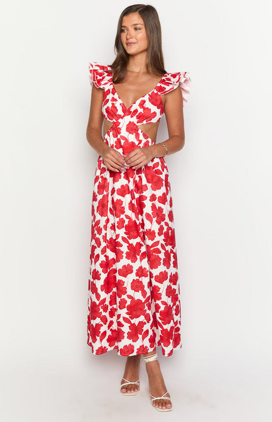 Kaden Red Anemone Floral Print Maxi Dress