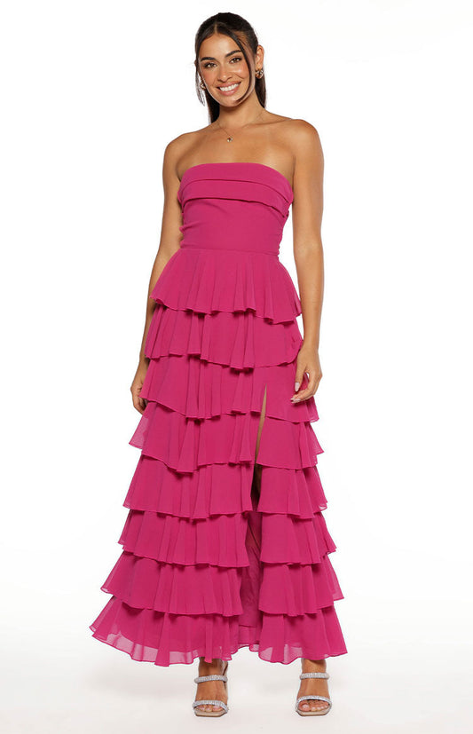 Kim Fuchsia Strapless Ruffle Maxi Dress