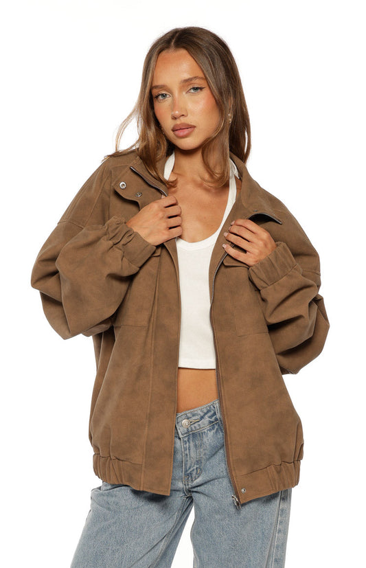 Sapna Brown Oversized Funnel Neck Suedette Jacket - PRE ORDER