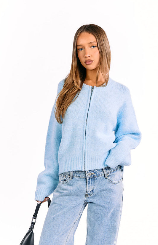 Stacey Light Blue Zip Knit Cardigan