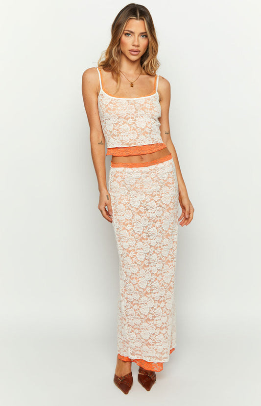 Willow Orange Contrast Lace Midi Skirt