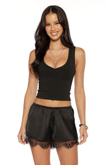 Agnes Black Lace Trim Satin Shorts Image