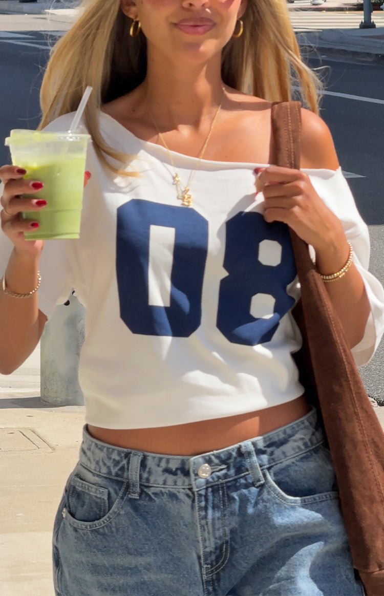 Amelie White Printed Off Shoulder Oversized Tee Image
