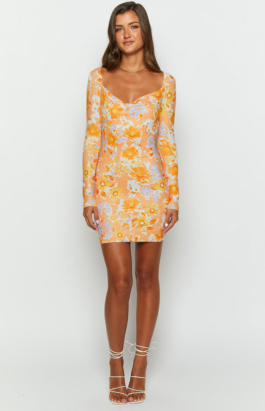 Ashi Orange Floral Long Sleeve Mini Dress