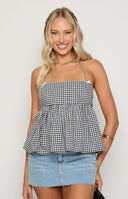 Black gingham halter top with bow detailing and tie up back, styled with a denim mini skirt
