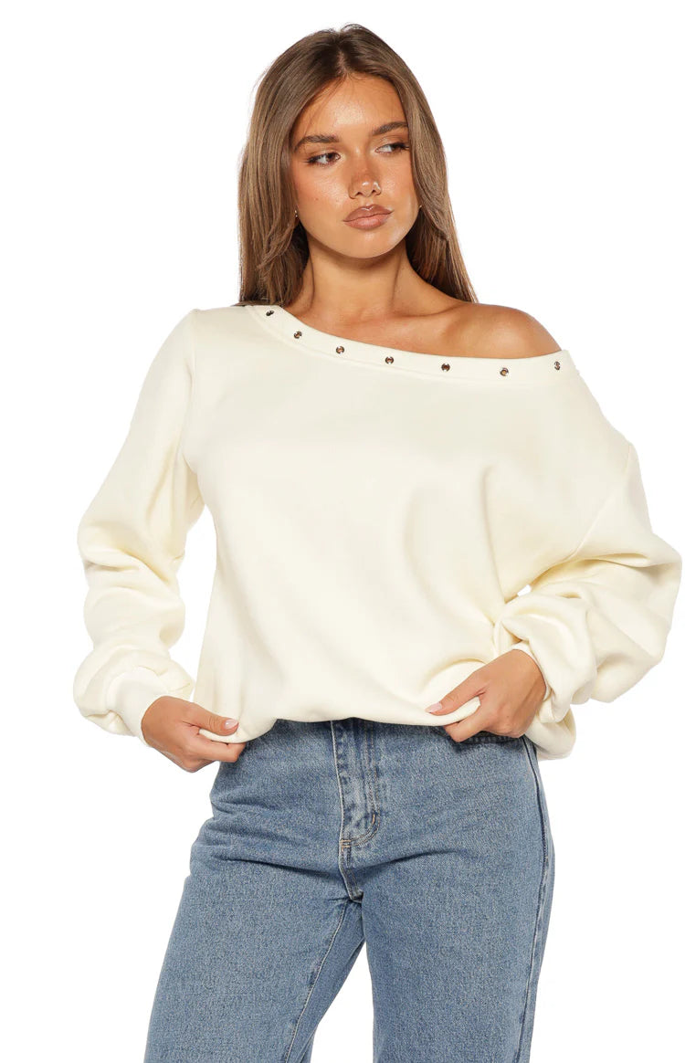Bambi Cream Asymmetric Neckline Eyelet Sweater Image