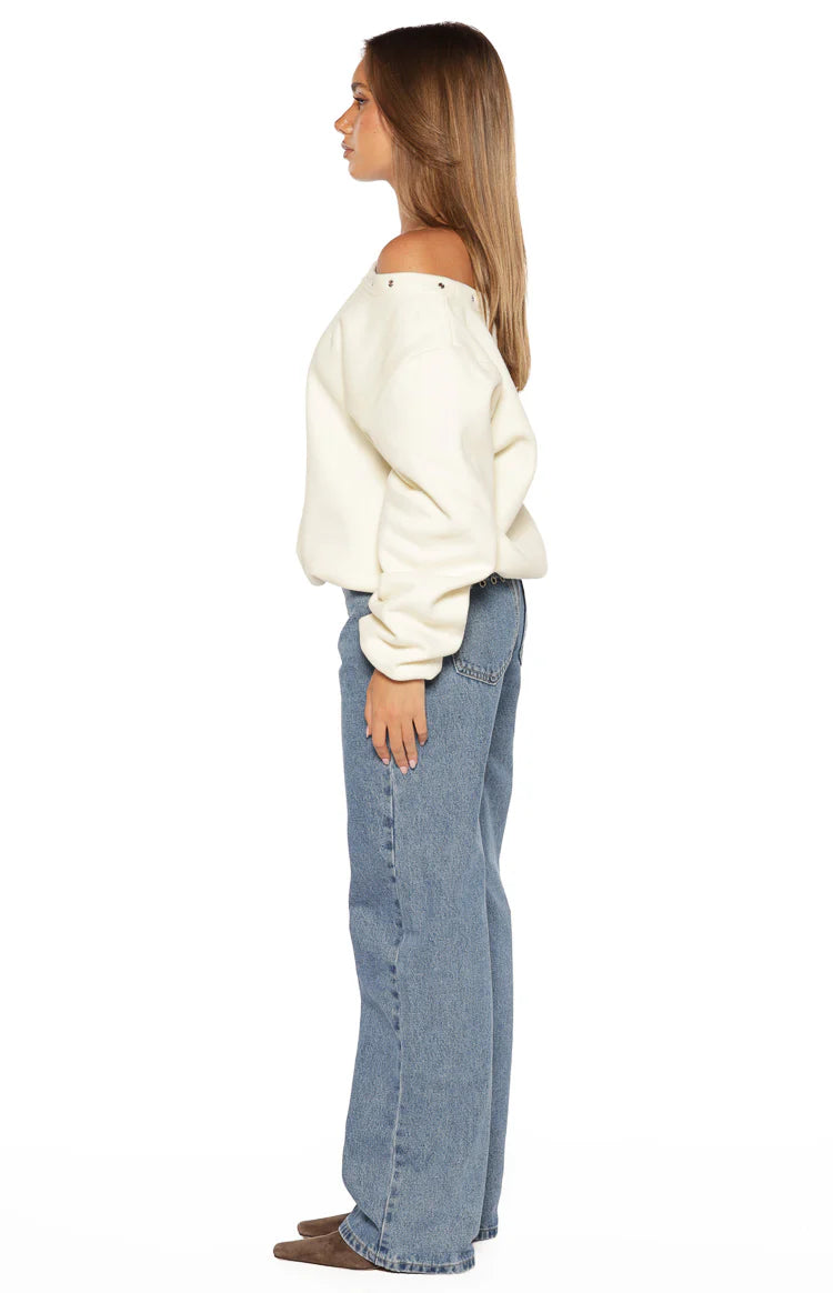 Bambi Cream Asymmetric Neckline Eyelet Sweater Image