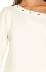 Bambi Cream Asymmetric Neckline Eyelet Sweater Image