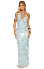 Baron Light Blue Sequin Cowl Maxi Dress Image