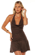 Billy Brown Polka Dot Cowl Mesh Mini Dress Image