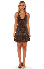 Billy Brown Polka Dot Cowl Mesh Mini Dress Image