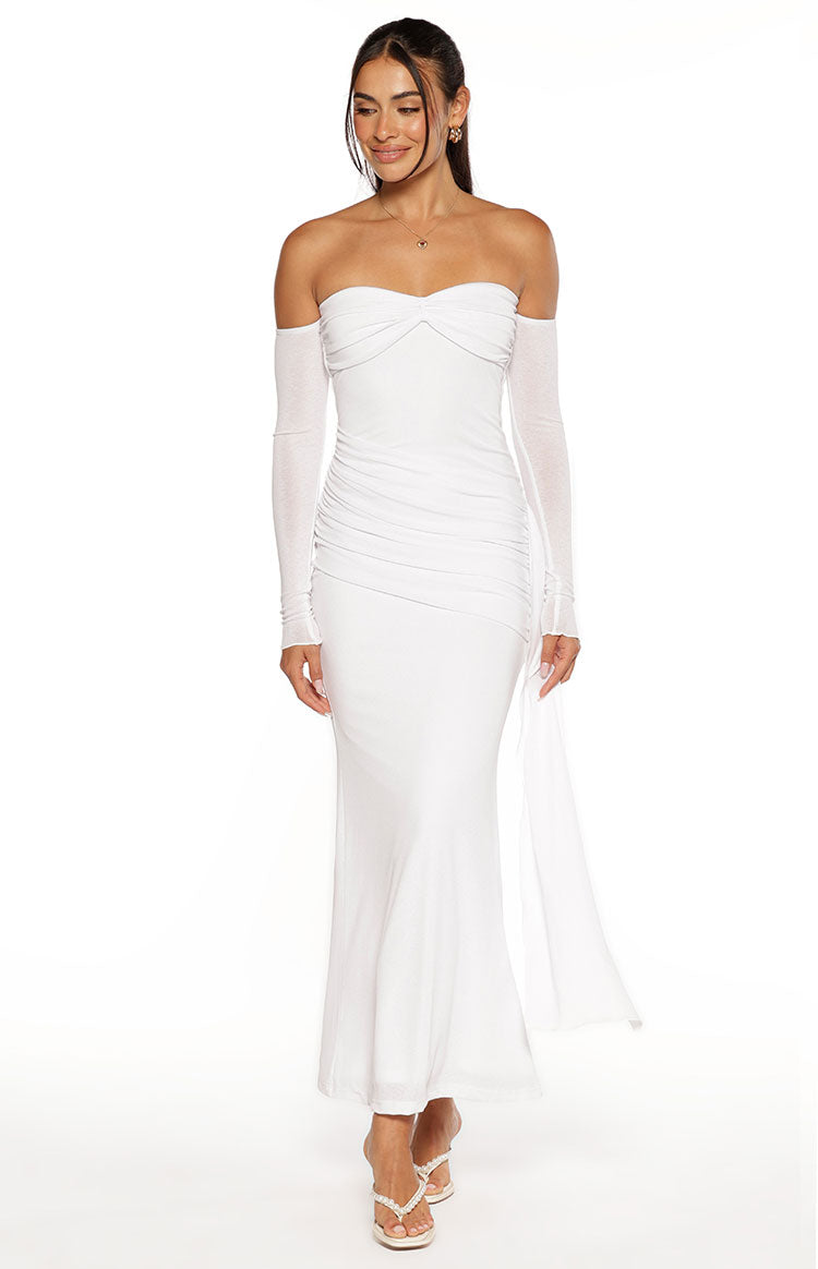 Breanna White Long Sleeve Ruched Maxi Dress Image