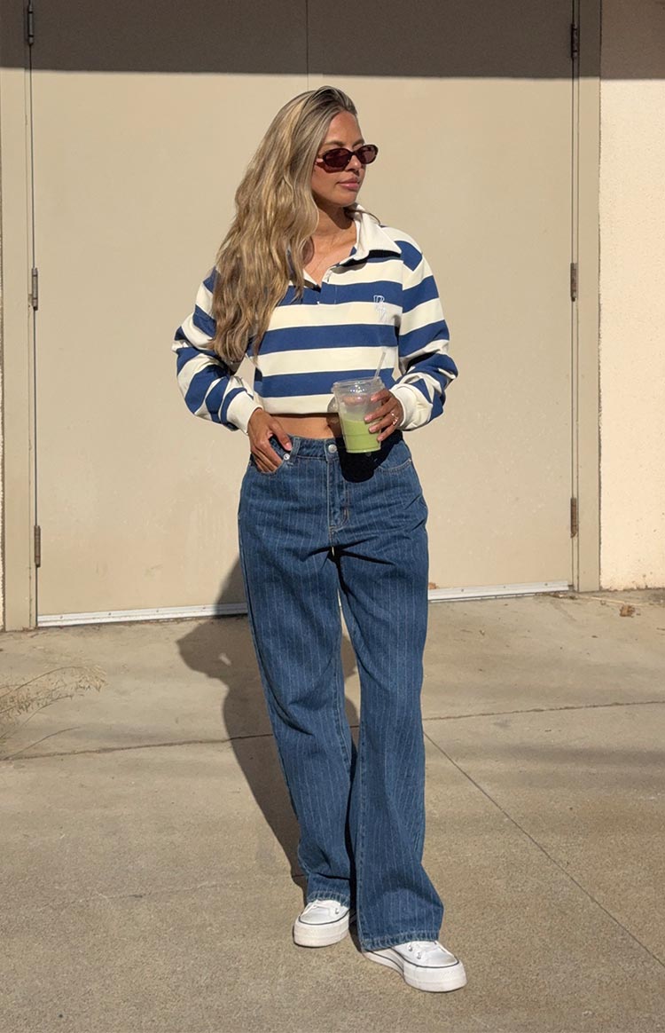 Calliope Pinstripe Mid Wash Mid Rise Slouchy Jeans Image