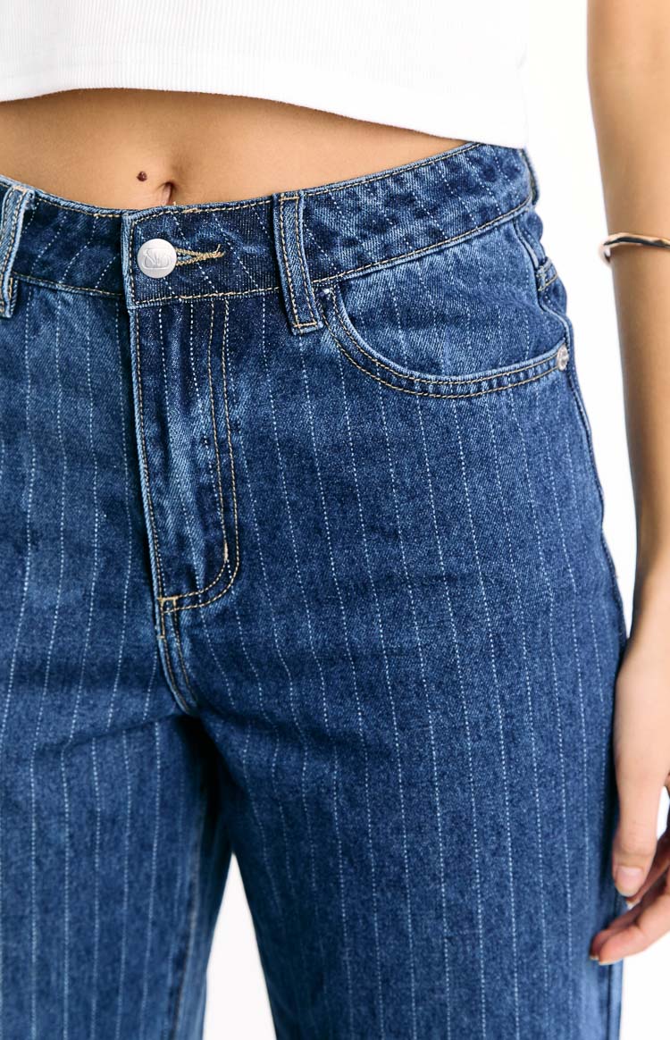 Calliope Pinstripe Mid Wash Mid Rise Slouchy Jeans Image