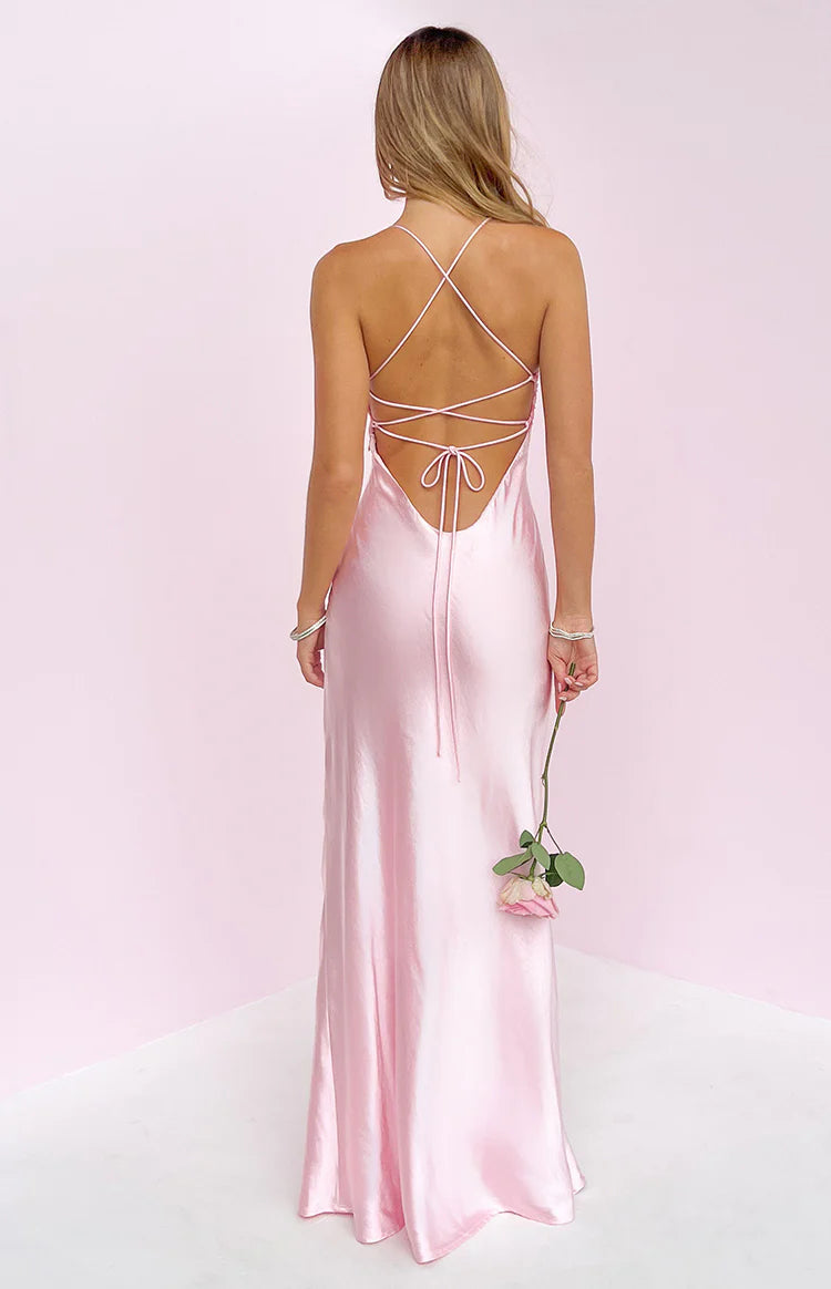 Chilli Pink Beaded Bust Satin Maxi Dress Image