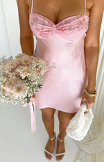Chilli Pink Beaded Bust Satin Mini Dress Image