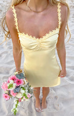 Connie Yellow Flower Detail Satin Party Mini Dress Image