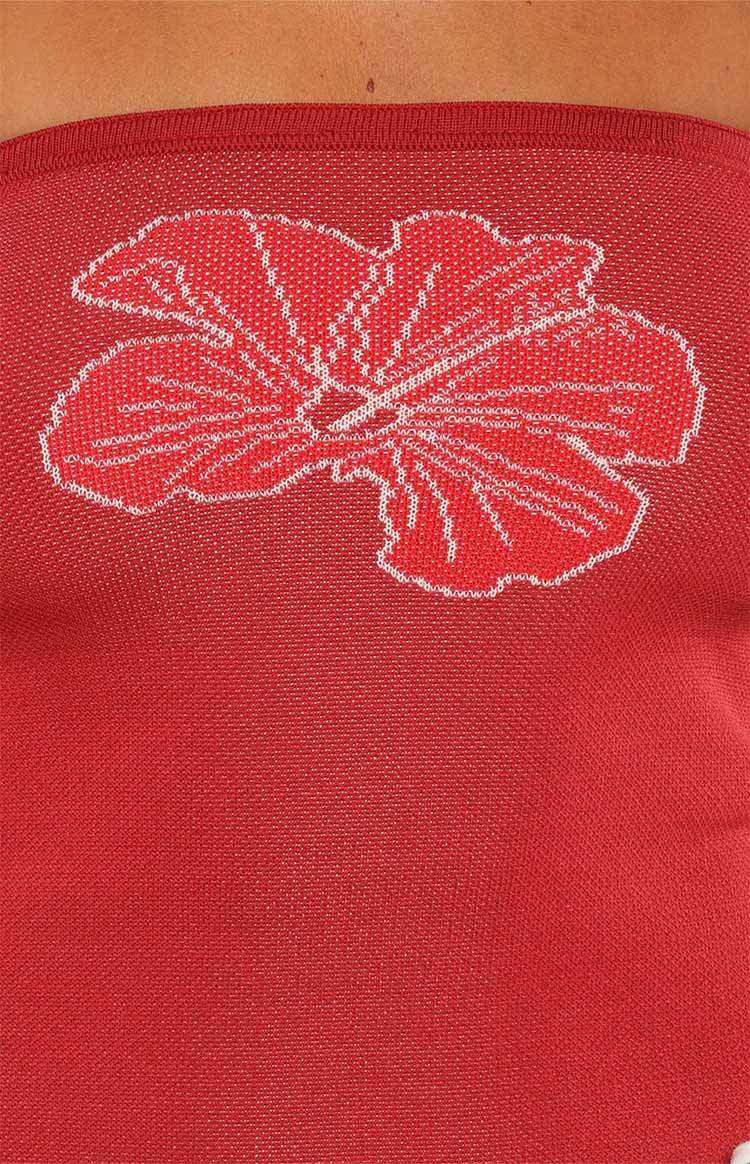 Deja Red Knit Hibiscus Strapless Tube Top Image