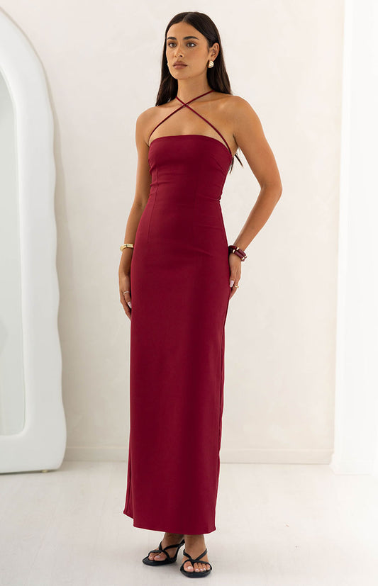 Del Mar Burgundy Crepe Formal Maxi Dress