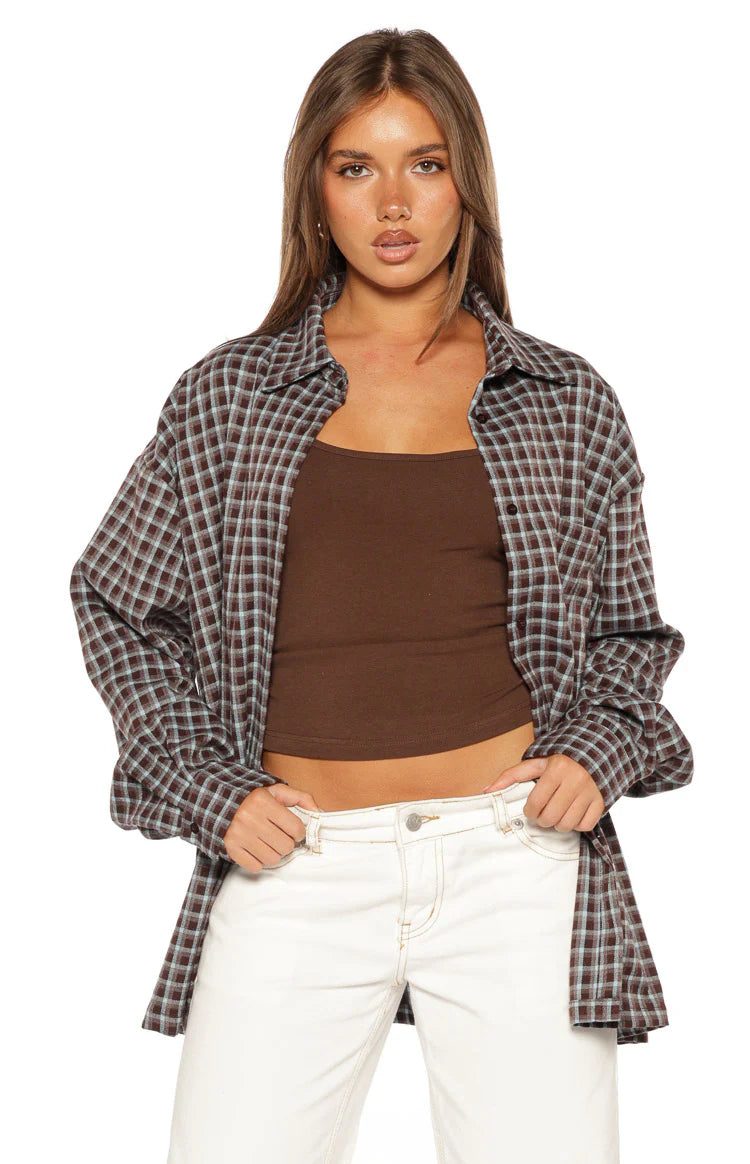 Devyn Brown Plaid Button Up Long Sleeve Shirt Image