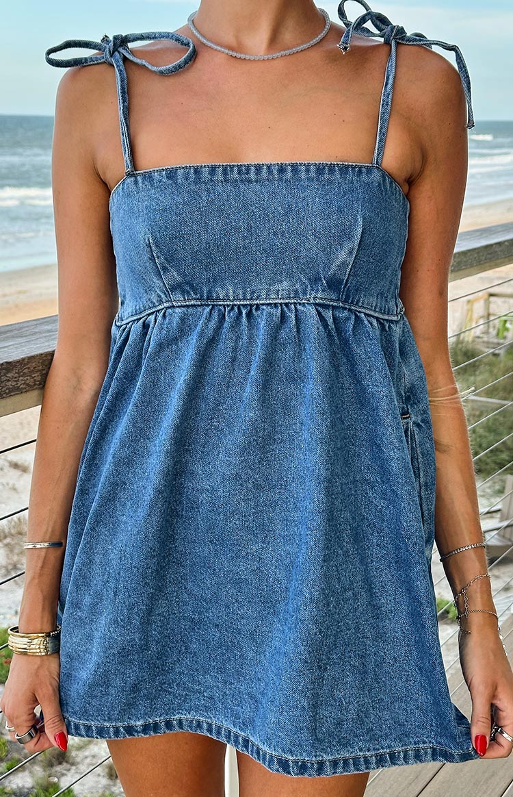 Ethel Blue Denim Tie Strap Mini Dress Image