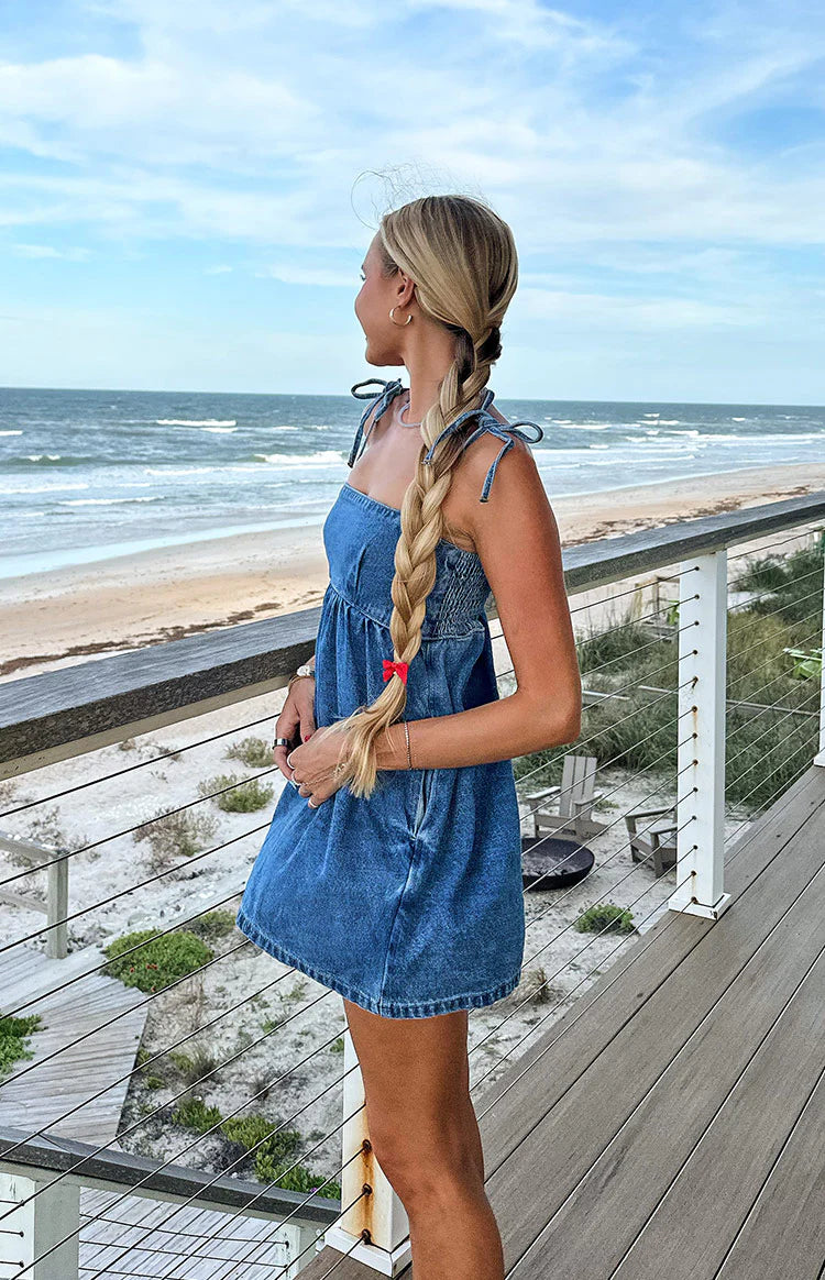 Ethel Blue Denim Tie Strap Mini Dress Image