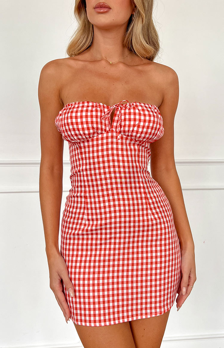 Faith Red Gingham Strapless Mini Dress Image