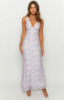 Purple lace maxi dress on brunette model