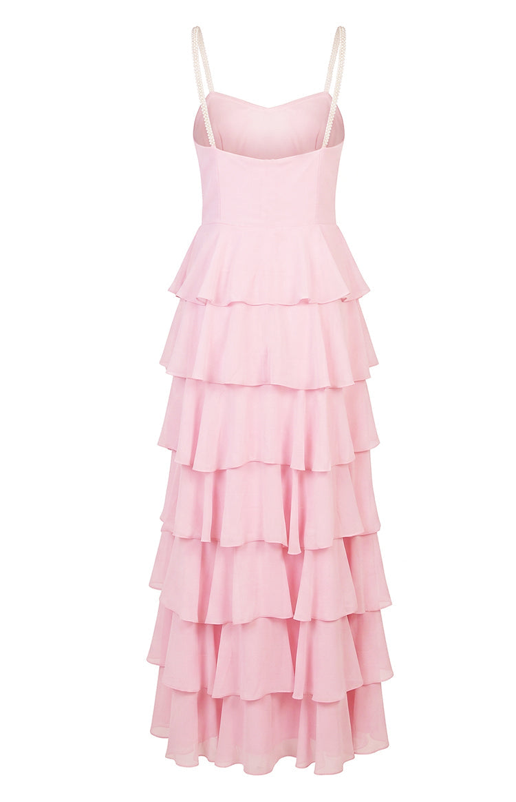 Felicity Pink Pearl Strap Ruffle Maxi Dress Image
