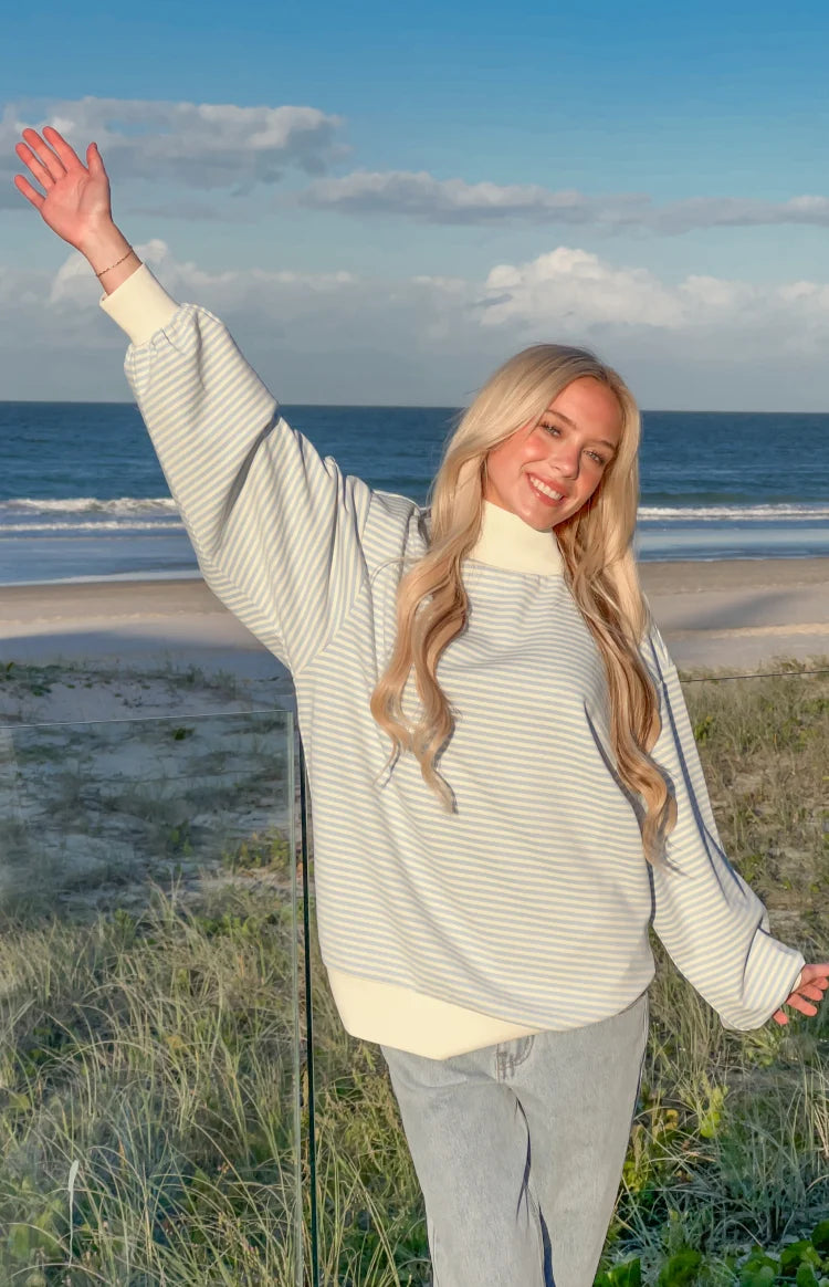 Flossy Mock Neck Blue Stripe Sweater Image