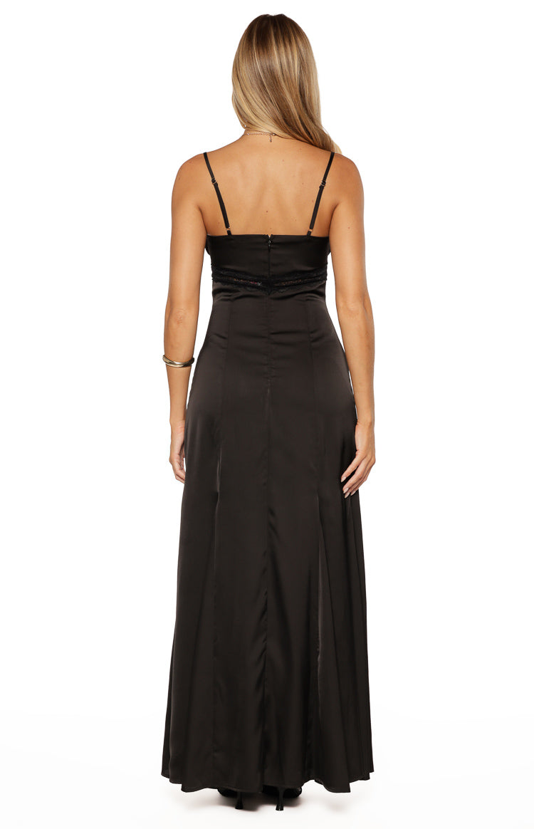 Gabby Black Satin Lace Maxi Dress Image