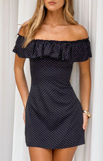 Haylie Black Polka Dot Off Shoulder Mini Dress Image