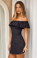 Haylie Black Polka Dot Off Shoulder Mini Dress Image