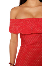 Haylie Red Polka Dot Off Shoulder Mini Dress Image