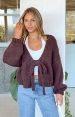 Holiday Chocolate Brown Tie Up Knit Cardigan Image