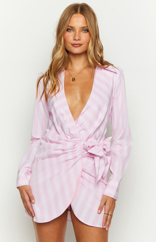 Holly Pink Stripe Tie Up Shirt Mini Dress