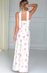 Icelynn Cream Floral Print Strapless Satin Maxi Dress Image
