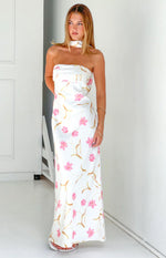 Icelynn Cream Floral Print Strapless Satin Maxi Dress Image