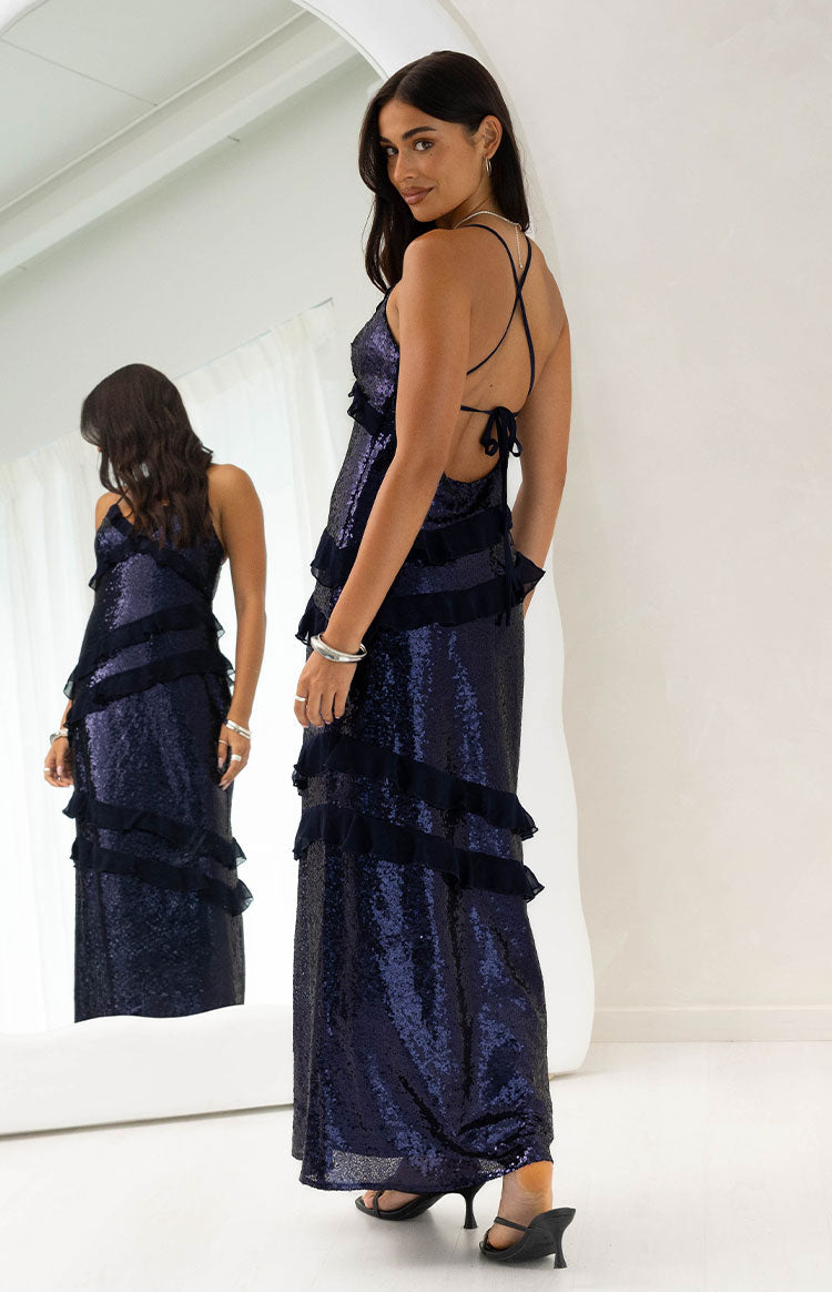 Inara Navy Sequin Ruffle Maxi Dress Image