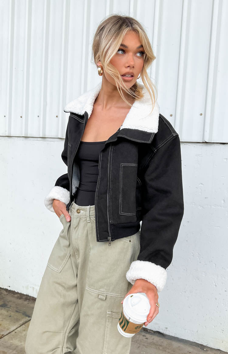 Indy Black Denim Sherpa Jacket Image