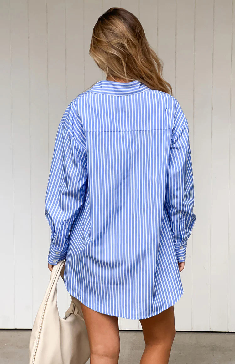 Jasper Blue Pinstripe Lace Up Shirt Dress Image