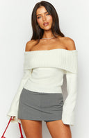 Beginning Boutique Joey Cream Off Shoulder Sweater cream fuzzy knit off-shoulder sweater with a wide ribbed collar and long f