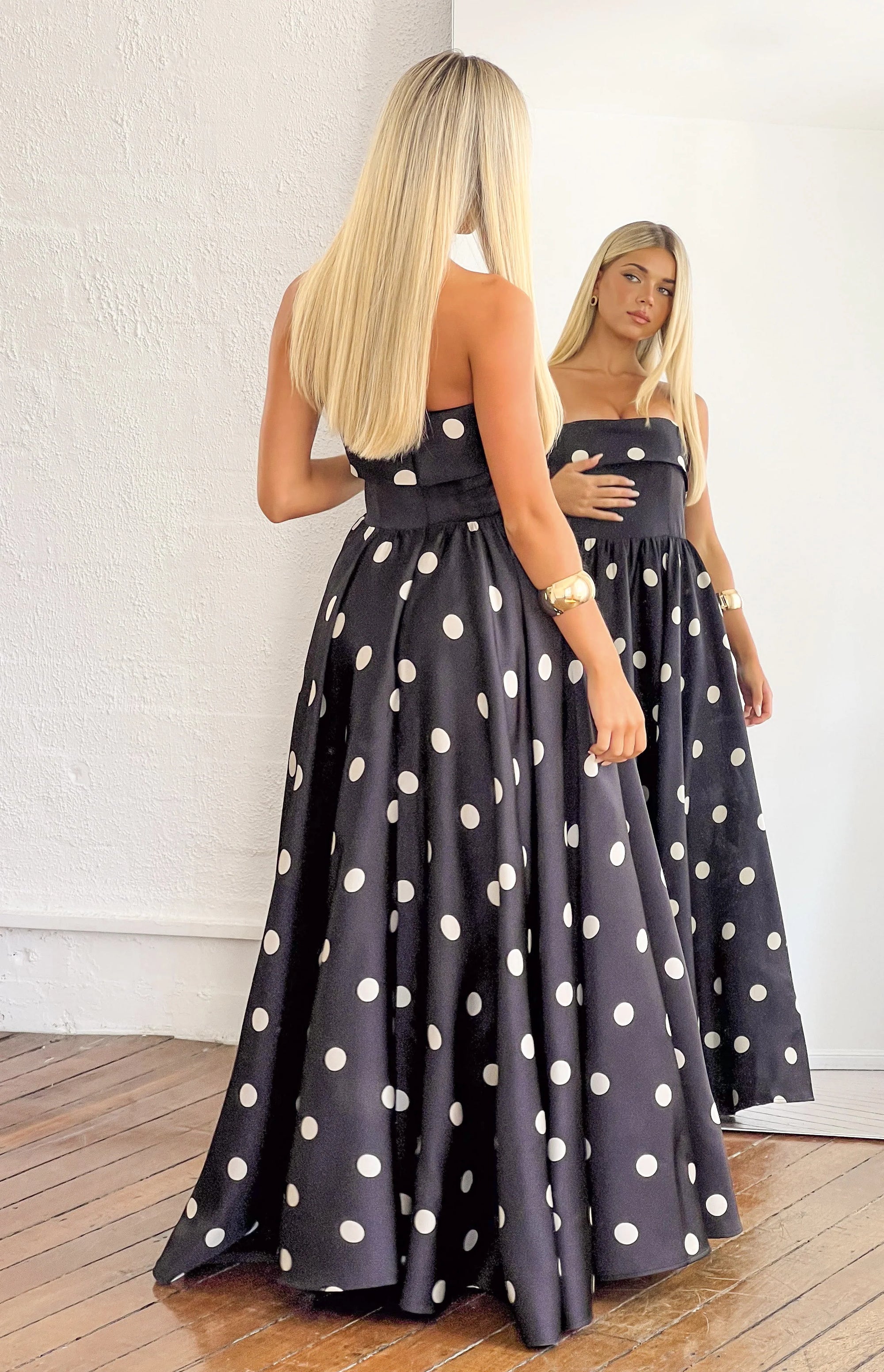 Julianne Strapless Polka Dot Satin Maxi Dress Image