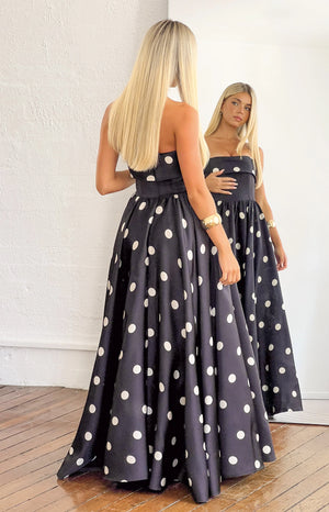 Julianne Strapless Polka Dot Satin Maxi Dress