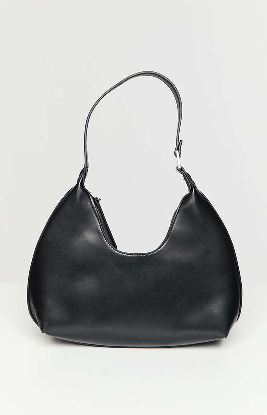 Black shoulder bag with silver hardware and structured body.