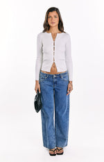 Kippy White Ribbed Knit Button Up Long Sleeve Sweater Image