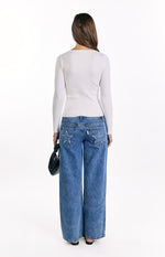 Kippy White Ribbed Knit Button Up Long Sleeve Sweater Image