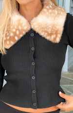 Lainey Black Fur Trim Collar Knit Cardigan Image